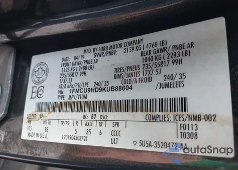 2019 Ford Escape Sel from USA, damaged, VIN 1FMCU9HD9KUB88604
